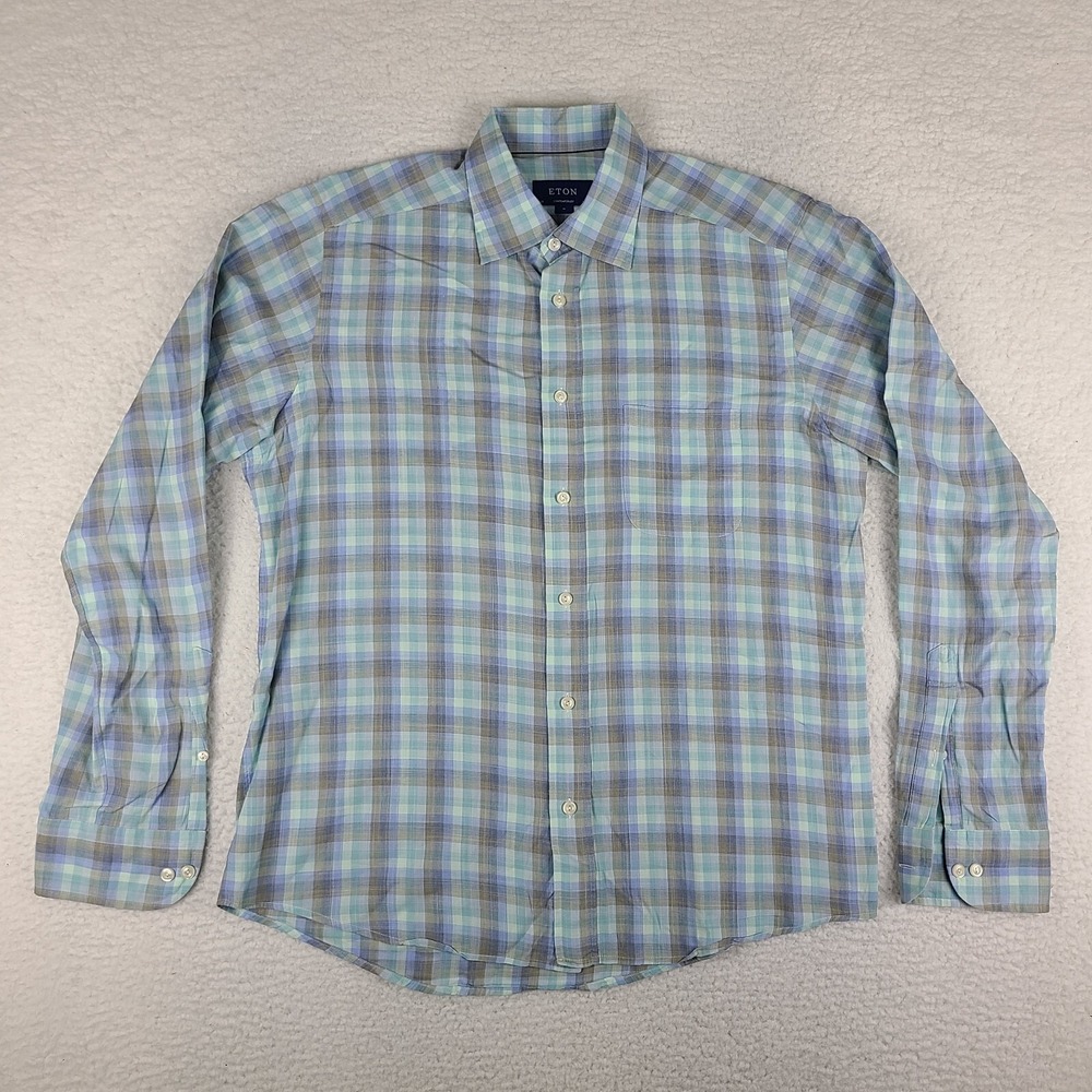 ETON Shirt Mens Medium Green Brown Lightweight Twill Contemporary Button Down